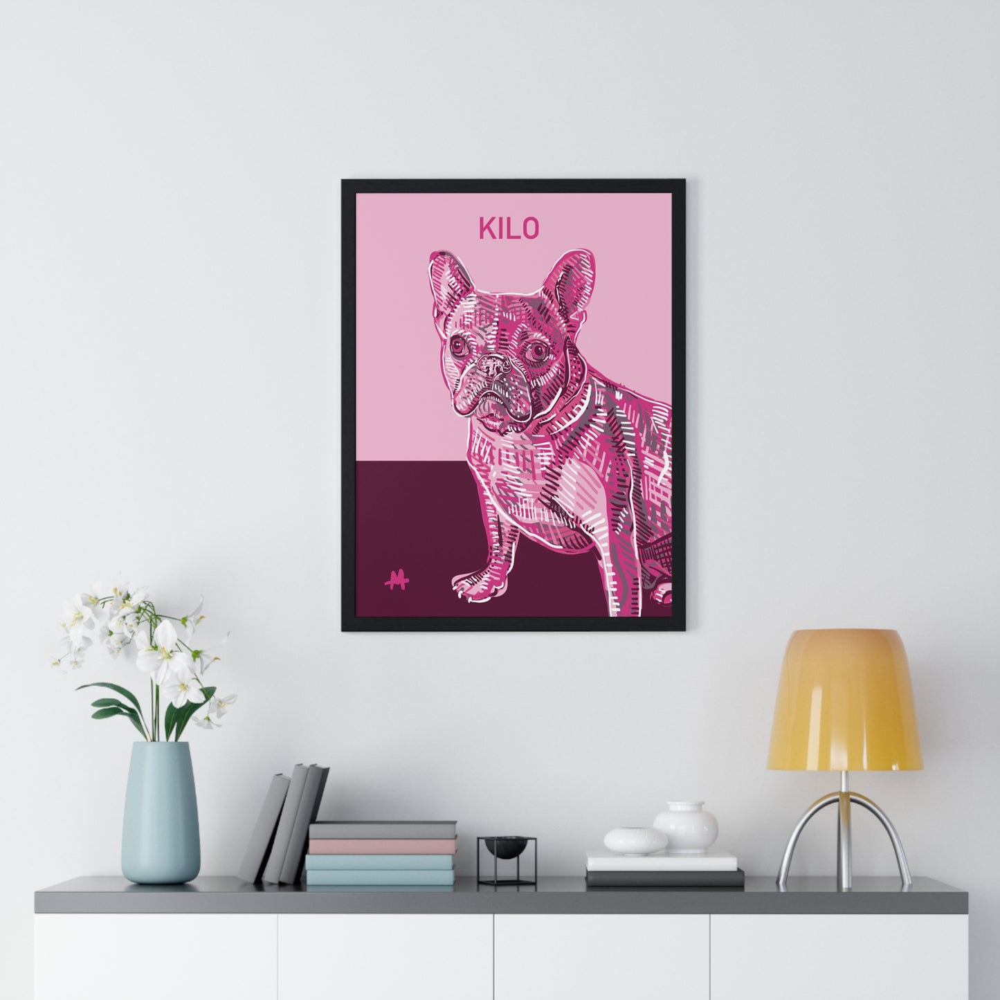 Custom Pink Pooch Pet Portrait Illustration Framed