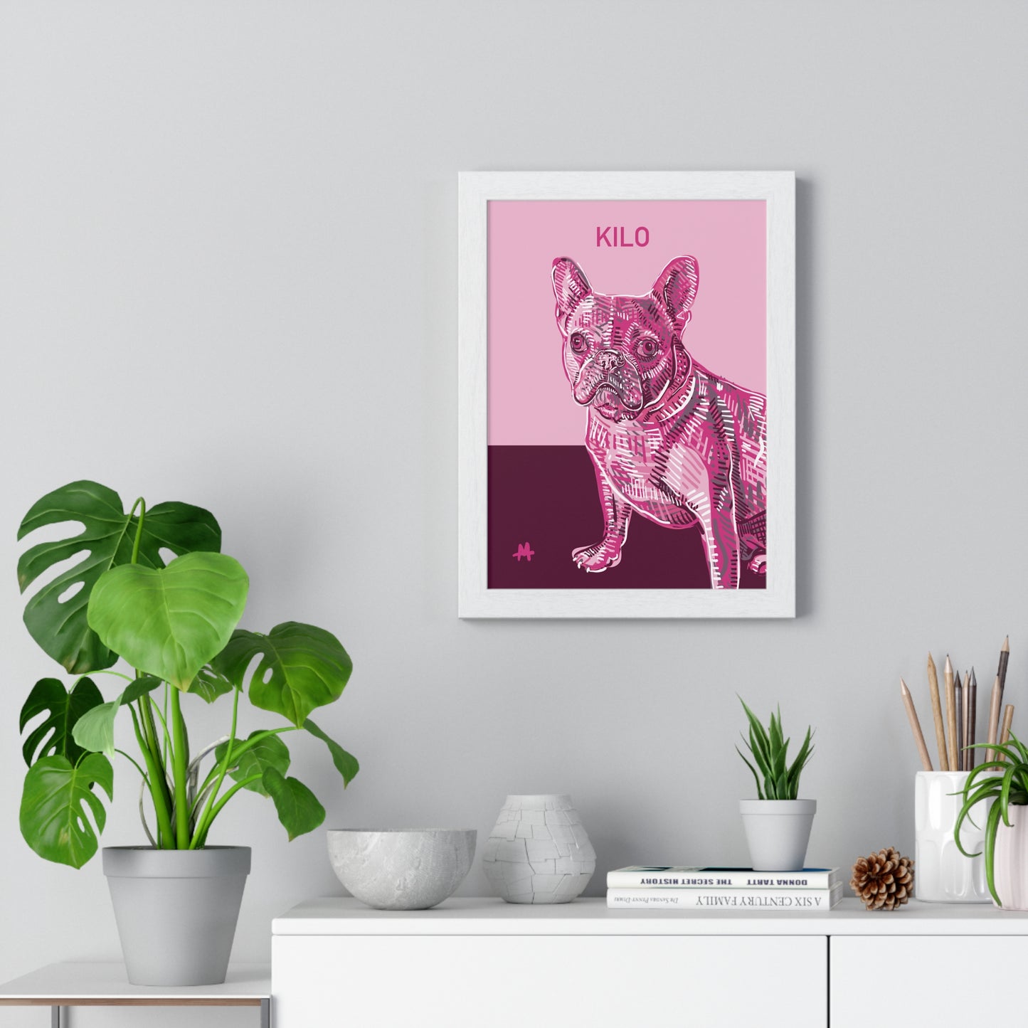 Custom Pink Pooch Pet Portrait Illustration Framed