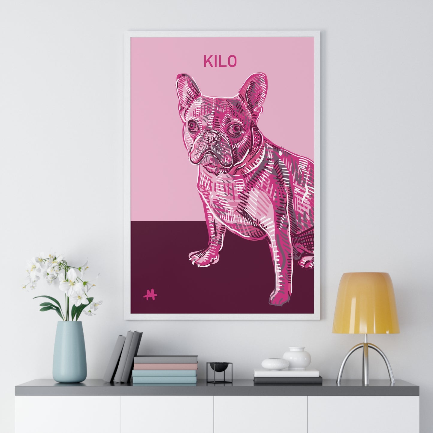 Custom Pink Pooch Pet Portrait Illustration Framed
